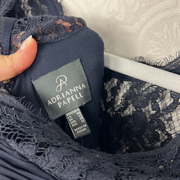 Adrianna Papell Lace Yoke Gown Drapped Dress Lacey Navy Blue Rouched Maxi - Picture 10 of 10